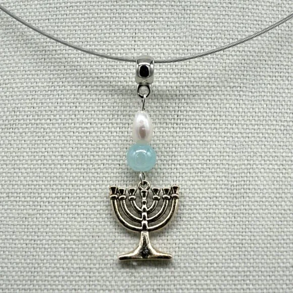 Choker with Freshwater Pearl and Aqua Chalcedony stone. Menorah pendant. - Picture 2 of 3